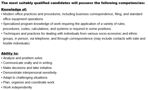 Knowledge, Skills, Abilities & Competencies example for Specialist Clerk I